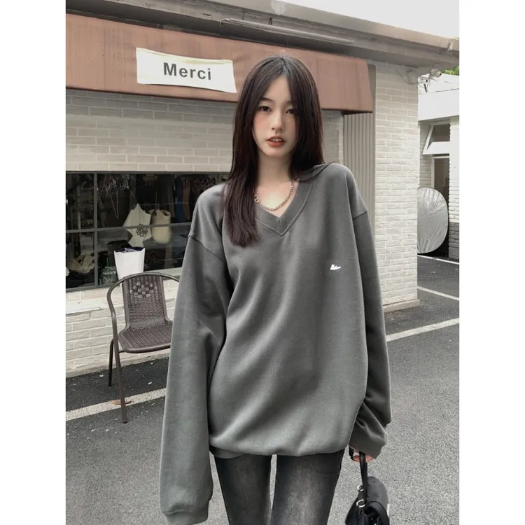 美式V领oversize卫衣女早秋款2025新款宽松无帽套头复古慵懒上衣