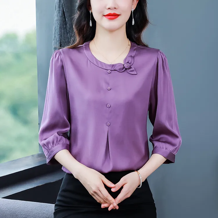 七分袖雪纺衫女夏季新款气质妈妈高档洋气小衫时尚显瘦百搭设计感