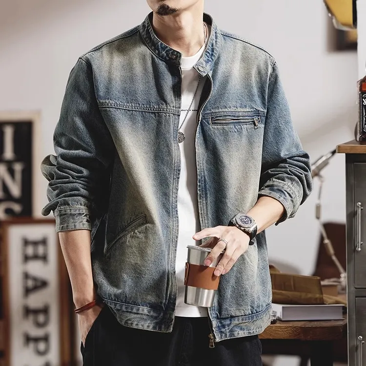新款休闲夹克外套男2026春秋牛仔立领拉链美式重磅复古潮牌设计感