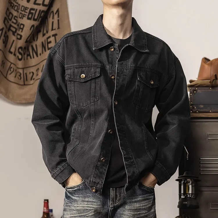 重磅黑色工装复古牛仔夹克2025春秋新款男士外套翻领口袋潮牌上衣