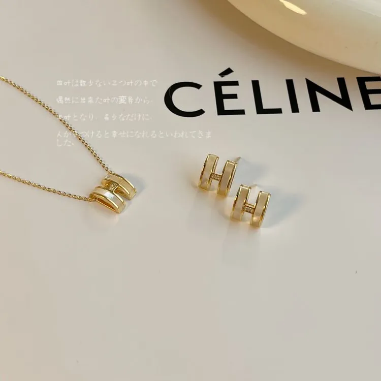 铜合金耳饰 【经典H】925银针字母耳环项链高级轻奢耳饰真金电镀