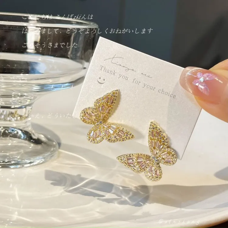 铜合金耳饰 【恋蝶】超仙满钻镶嵌耳环秋冬新款甜美耳饰S925银针