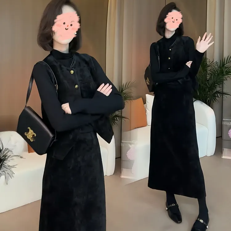 2024秋冬时尚复古老钱风套装洋气显瘦小香风马甲打底半身裙三件套