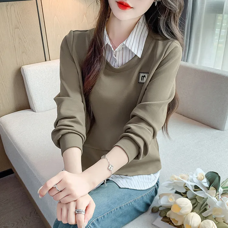 2025春季新款假两件条纹衬衫拼接卫衣女秋季新款休闲复古上衣2644