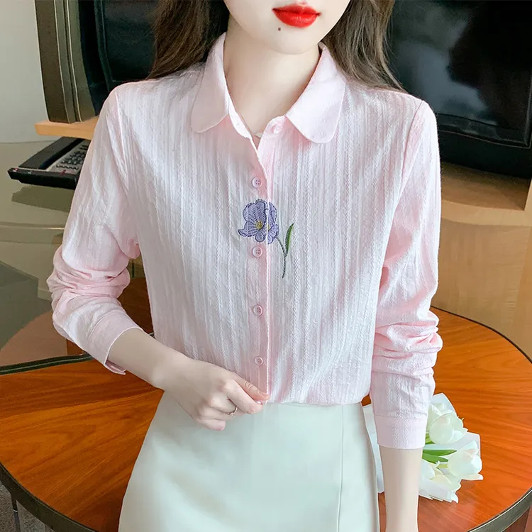 2025春秋新款气质百搭棉布上衣长袖白衬衫女绣花宽松打底衬衣2573