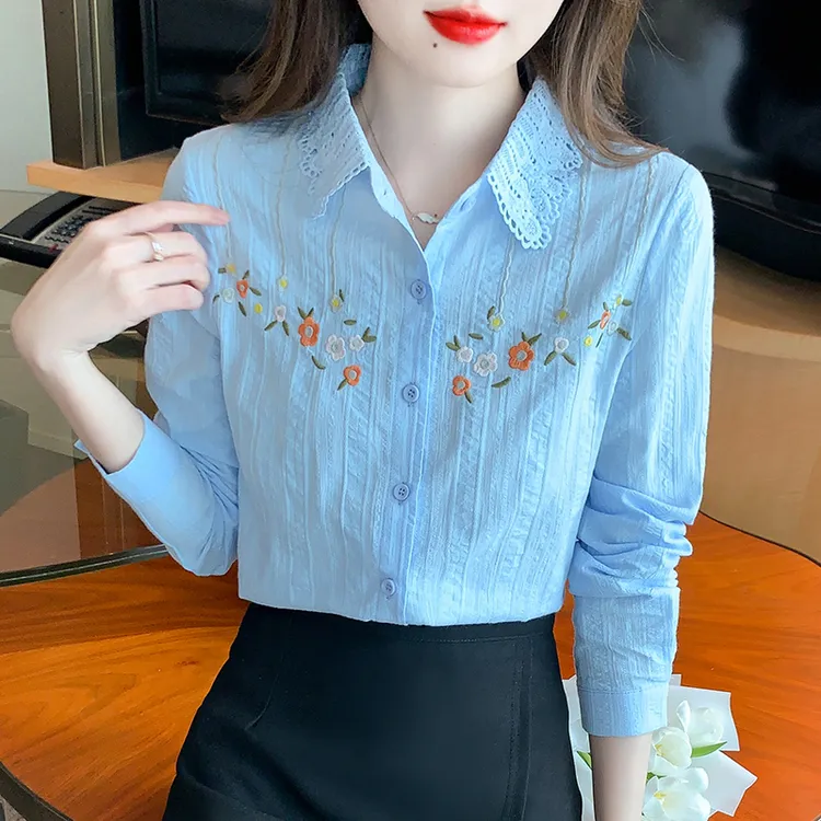 春衬衫长袖女春新款设计感小众刺绣娃娃领洋气别致上衣2570女孩