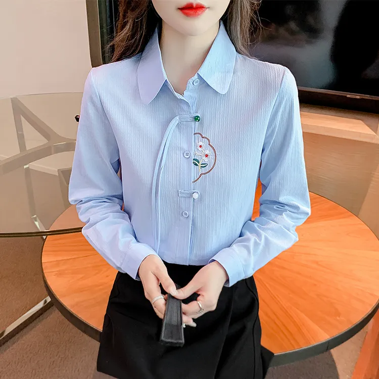 长袖刺绣薄款秋季春秋职业衬衫韩版上衣打底衬衫春季设计感