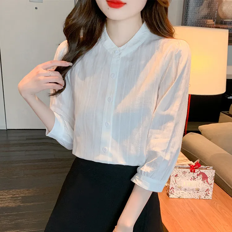小清新棉布织花立领七分袖森系衬衫2025新款新款百搭衬衫女9068