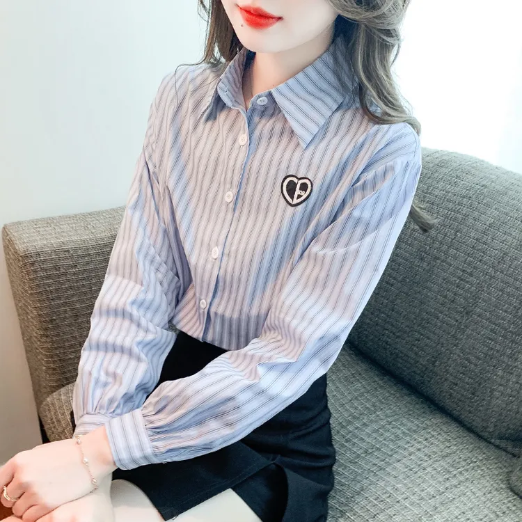 2025春季新款雪纺条纹衬衫女时尚减龄休闲刺绣打底长袖衬衣9016