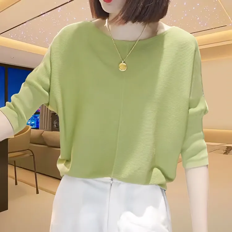 早秋宽松针织衫上衣女士2025新款休闲时尚薄款圆领7分袖气质毛衣