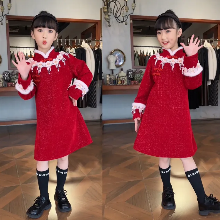 女童加绒旗袍裙冬季年款中国风红色加绒保暖拜年服（价格已开）