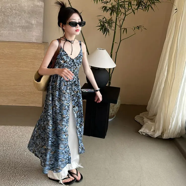 女童夏季碎花裙女中大童洋气夏装法式小众吊带裙度假沙滩裙连衣裙