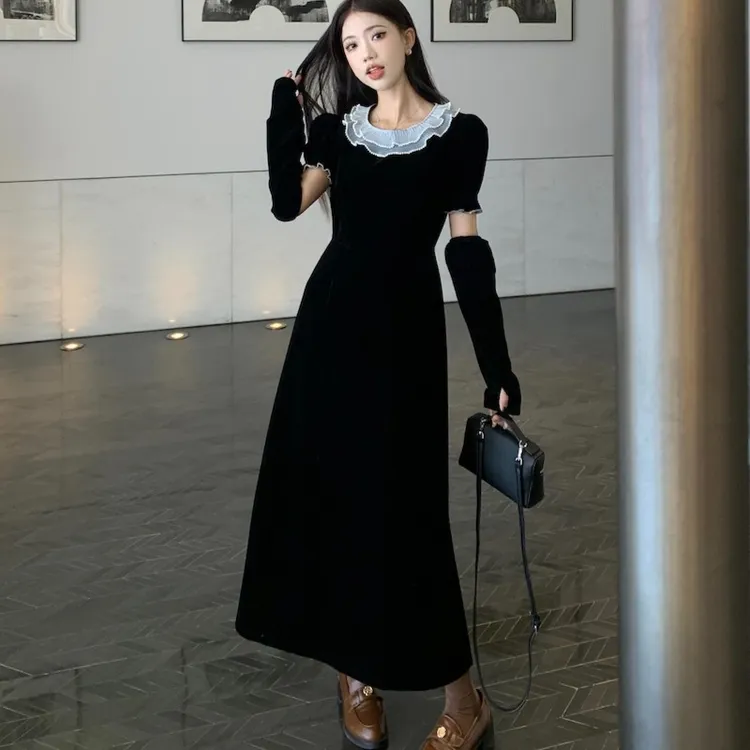 秋冬新款花边领含袖套遮胯黑色丝绒连衣长裙气质高级氛围感显高女