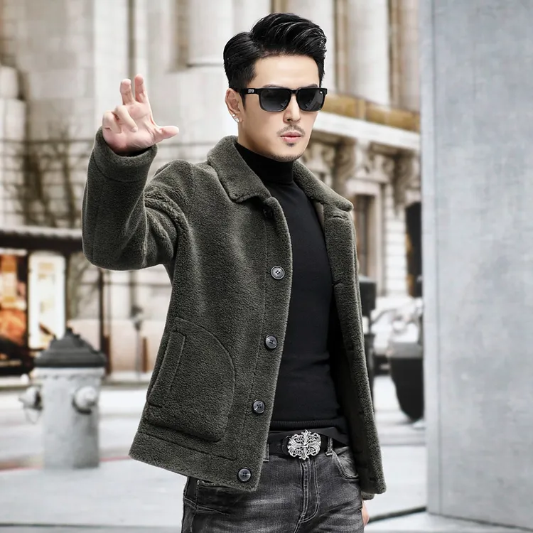 C901两面穿100%羊毛男士翻领羊剪绒夹克外套厚冬海宁加大码羊羔毛