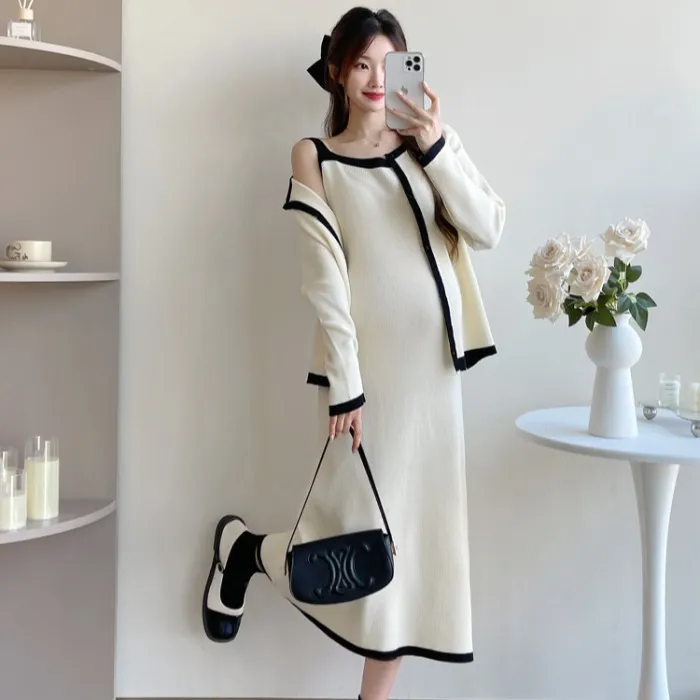 孕妇装秋装套装时尚款设计感气质小香风针织开衫吊带连衣裙秋冬季