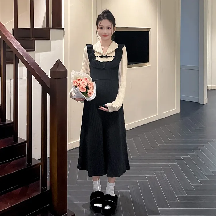 辣妈穿搭~孕妇秋装时尚拼接假两件针织连衣裙气质显瘦复古小黑裙