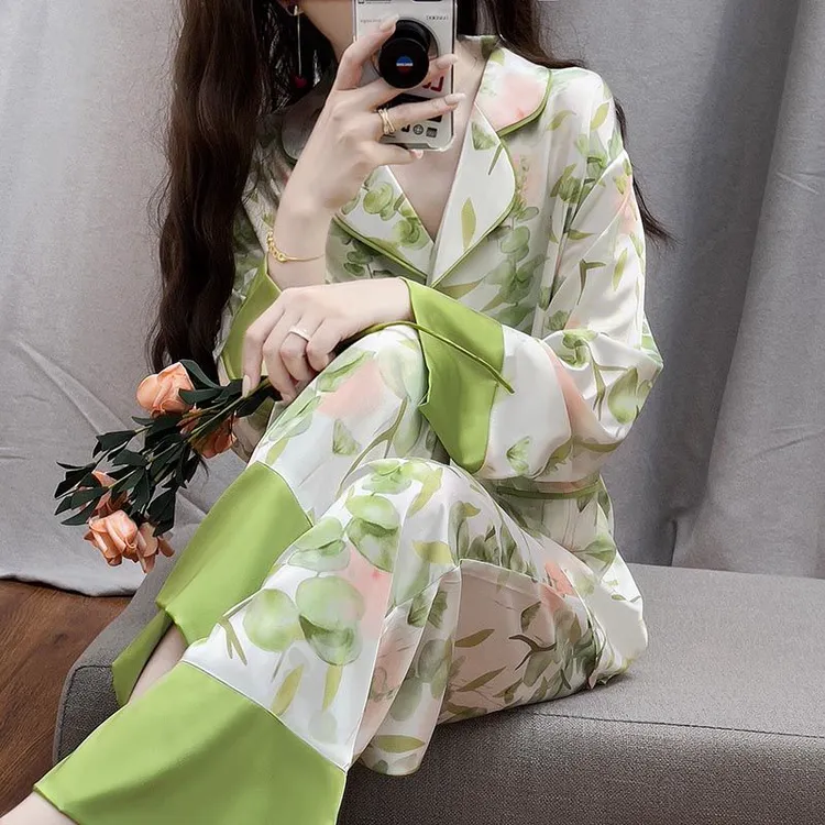 2023春秋夏冬季高级感冰丝碎花睡衣女士长袖甜美绿色家居服两件套