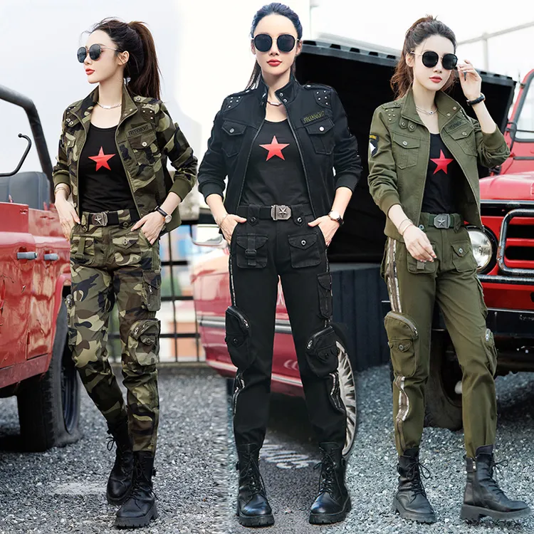 春季服饰舞服休闲迷彩服套装女显瘦弹力春秋工装时尚军绿色服装