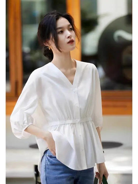 宽松大码女装显瘦七分袖衫衬白衬衫女2025新款爆款洋气