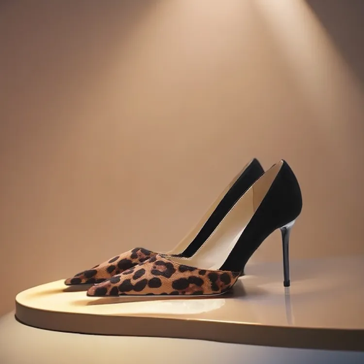 豹纹浅口高跟鞋拼接高跟鞋女新款细跟尖头性感高跟鞋女细跟女士