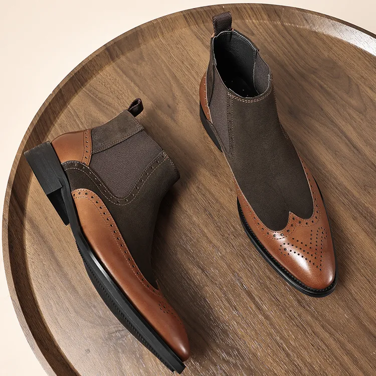 秋冬切尔西靴男真皮尖头磨砂皮短靴子套脚商务正装男靴保暖棉靴男