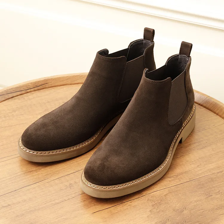 时尚切尔西靴男真皮牛反绒圆头短靴休闲英伦男靴冬季加绒高帮皮鞋