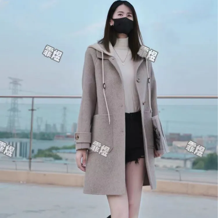 【霏煜】可脱卸帽升级版加厚天丝羊毛韩版中长款双面外套大衣82036