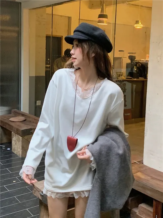 T【蕾丝加绒】2024新款中长款T恤内搭秋冬洋气宽松上衣加绒加厚