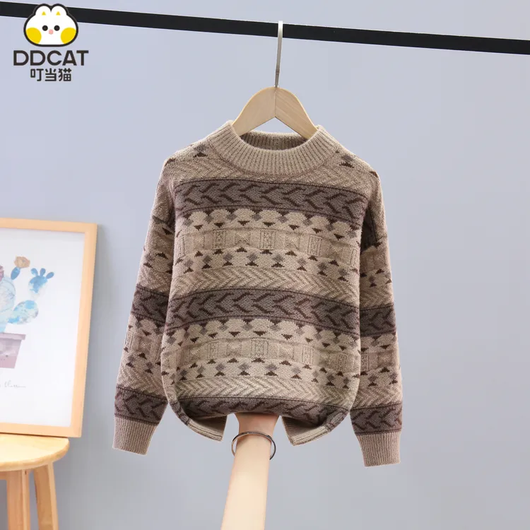 叮当猫男童洋气加厚保暖2024新款圆领秋冬提花套头针织衫打底毛衣
