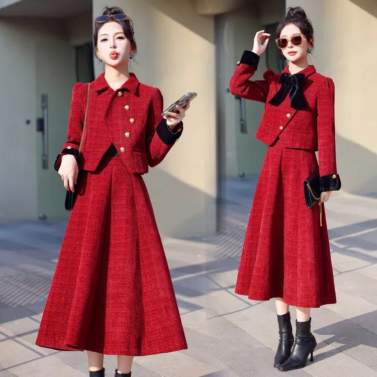 小香风连衣裙套装女秋冬2025新款新娘回门服订婚敬酒礼服两件套