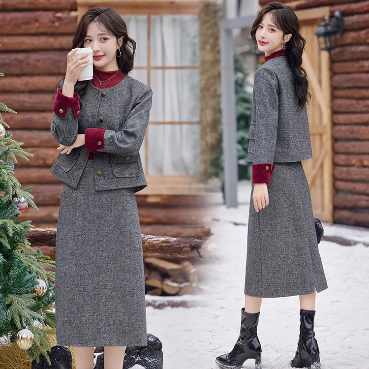 秋季时尚小香风套装裙女2024秋冬季新款洋气毛呢外套半身裙两件套