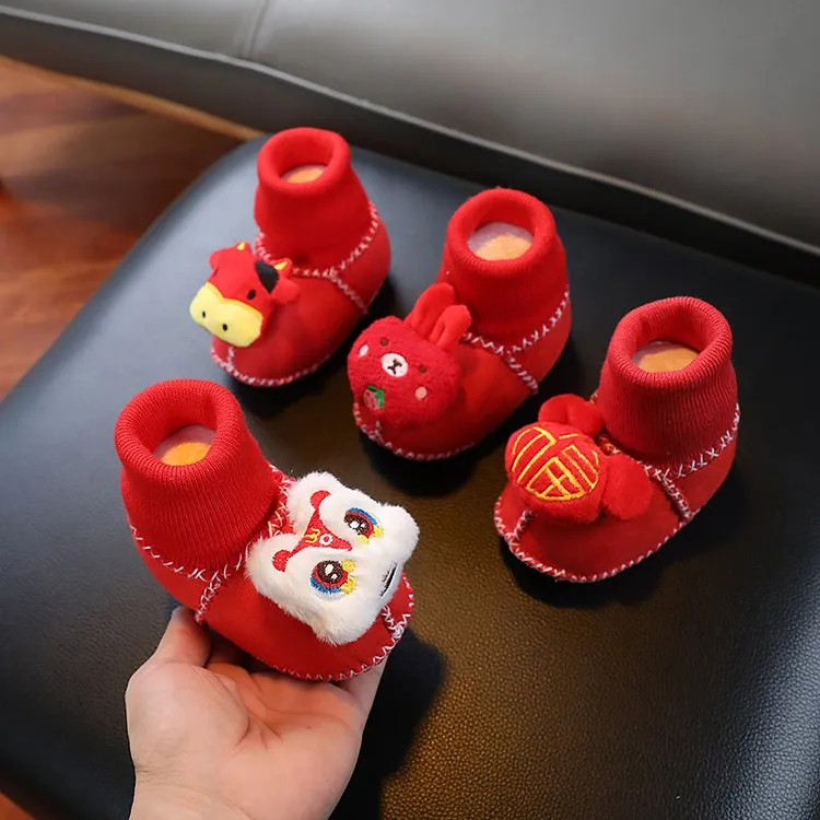 新年春节大红色宝宝鞋袜满月周岁婴儿保暖软底加厚袜套0-6-12个月