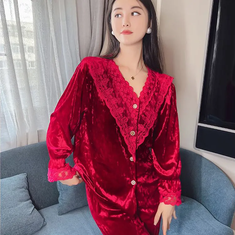 秋季保暖金钻绒睡衣蕾丝大码长袖网红时尚宽松甜美奢华家居服套装