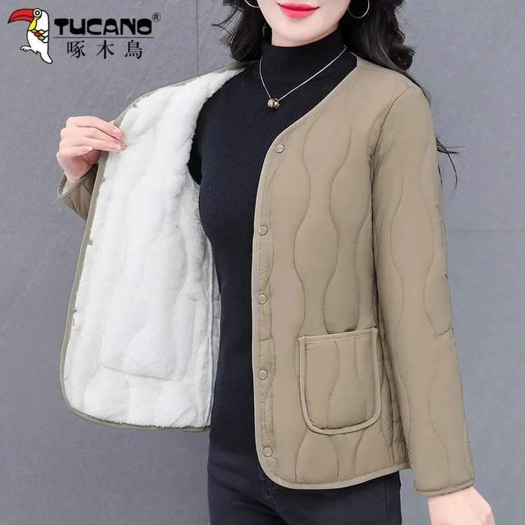 【官方正品】啄木鳥薄款棉服女冬季2025年新款妈妈洋气加绒夹棉外套