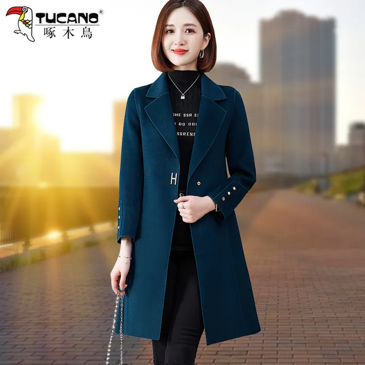 【官方】啄木鳥双面加绒外套女中长款西装领2026新款春秋冬时尚大衣