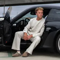 THE FORTÉ 时尚燕麦色/灰色华夫格圆领长袖