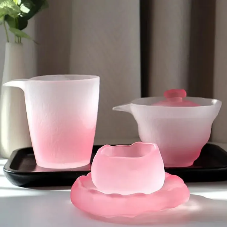 女主人杯渐变粉色茶具套装磨砂玻璃琉璃杯女士品茗杯手工防烫耐热