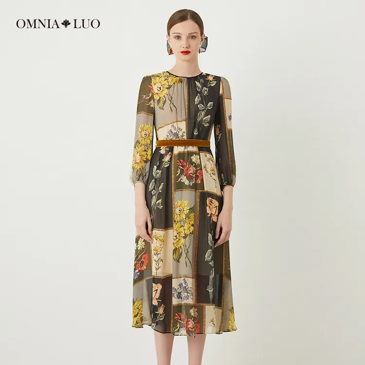 欧柏兰奴【桑蚕丝】优雅印花花卉中长裙长袖连衣裙配腰带