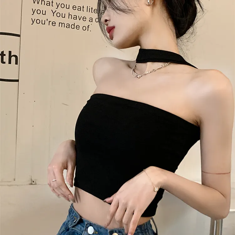 欲纯风辣妹一字肩挂脖2025新款抹胸设计感小众吊带背心短款上衣
