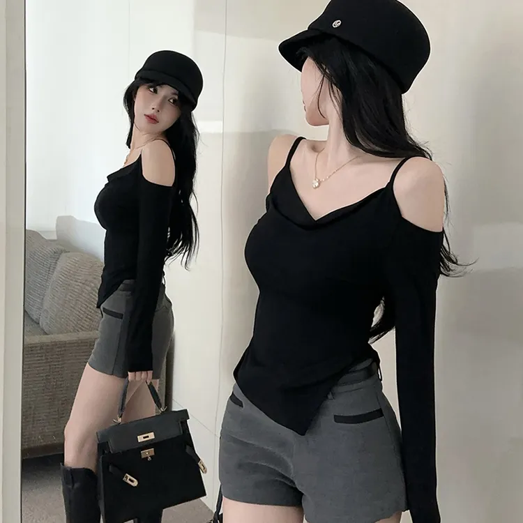纯欲设计感小众荡领露肩不规则开叉别致修身百搭长袖打底衫T恤女