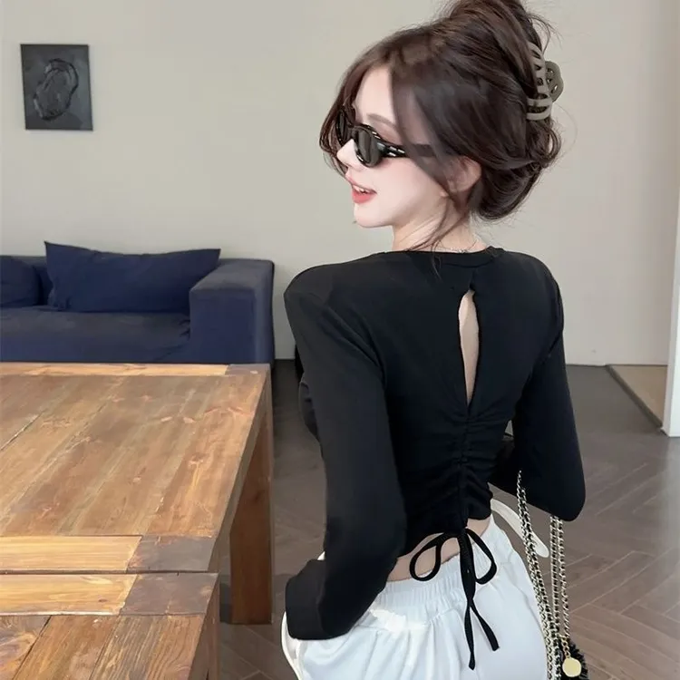 辣妹修身短款长袖T恤打底衫女春秋内搭紧身高腰露脐甜辣小衫上衣