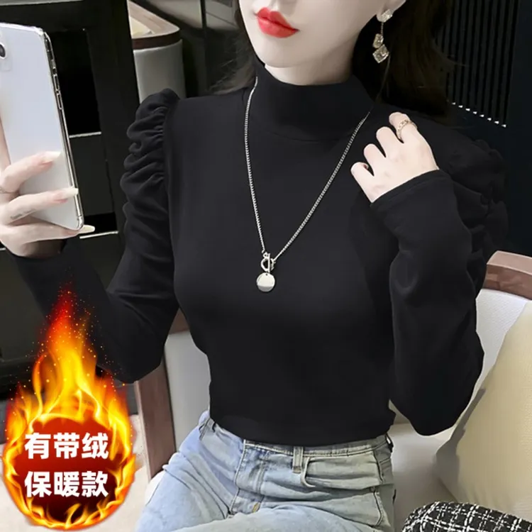 加绒半高领打底衫女秋冬内搭保暖洋气加厚泡泡袖上衣长袖T恤时尚