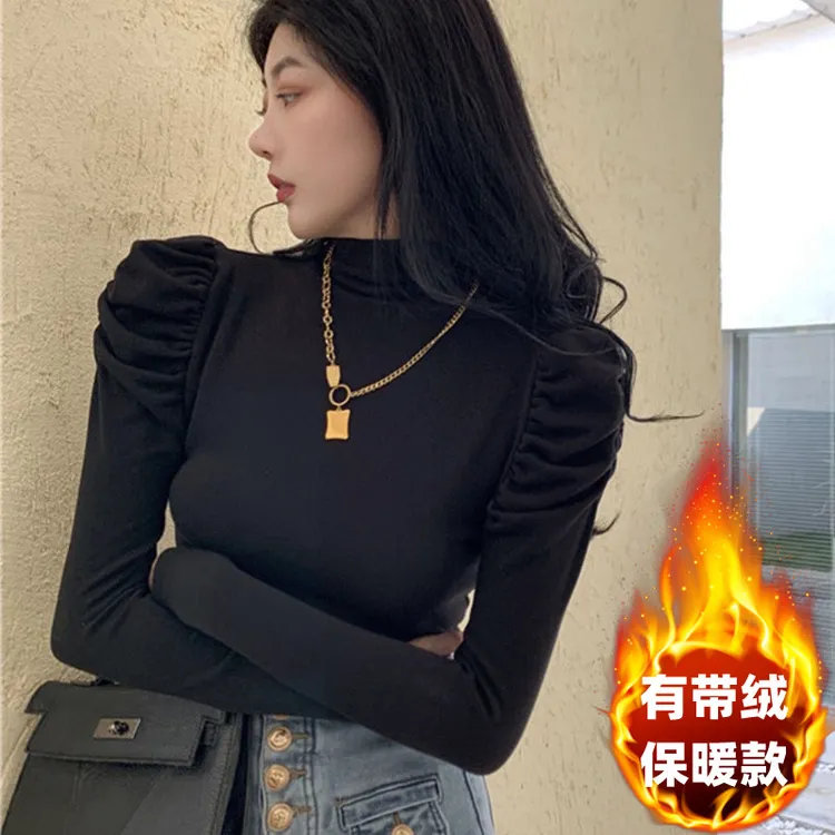 半高领内搭加绒打底衫女秋冬磨毛设计感小众泡泡袖长袖上衣洋气厚