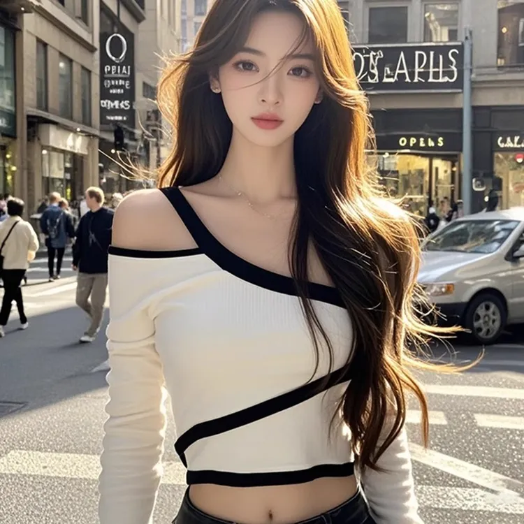 辣妹设计感独特斜肩别致修身小众长袖镂空T恤撞色短款上衣女性感