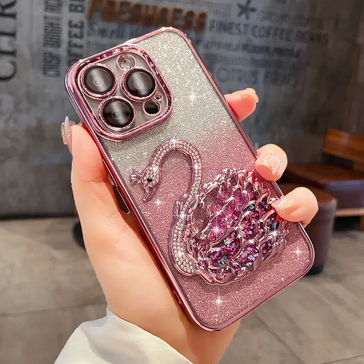 高级感流沙天鹅闪钻iphone15promax手机壳苹果14pro/13全包12渐变