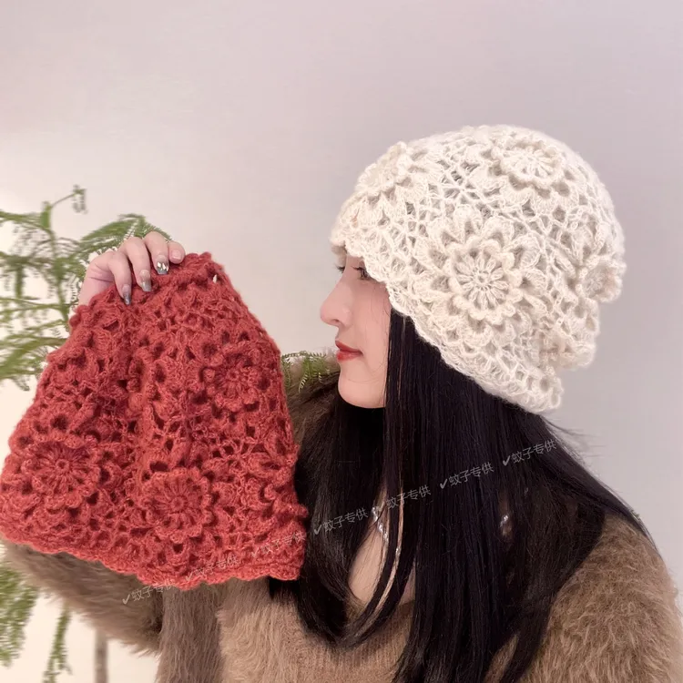韩版保暖复古优雅时尚手钩花双层贝雷帽包头镂空手工针织毛线帽子