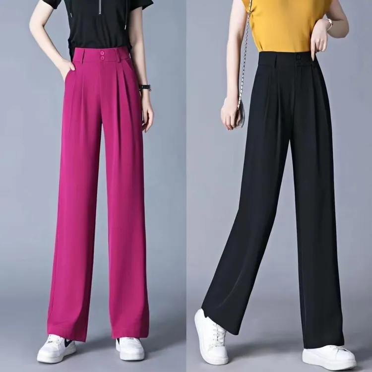 裤子新款女百搭潮流宽松冰丝垂感直腿裤春夏季薄款松紧腰高腰垂坠