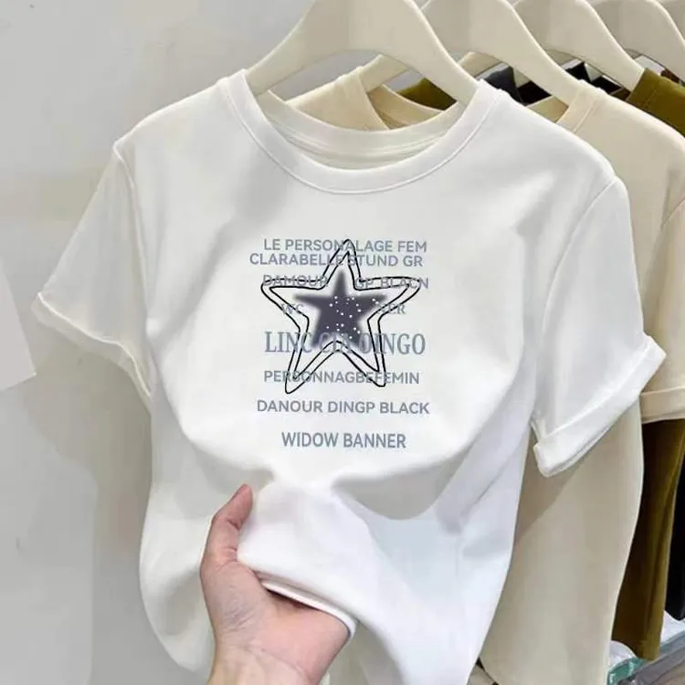 夏季新款短袖T恤圆领小个子五角星印花时尚修身显瘦百搭短款上衣