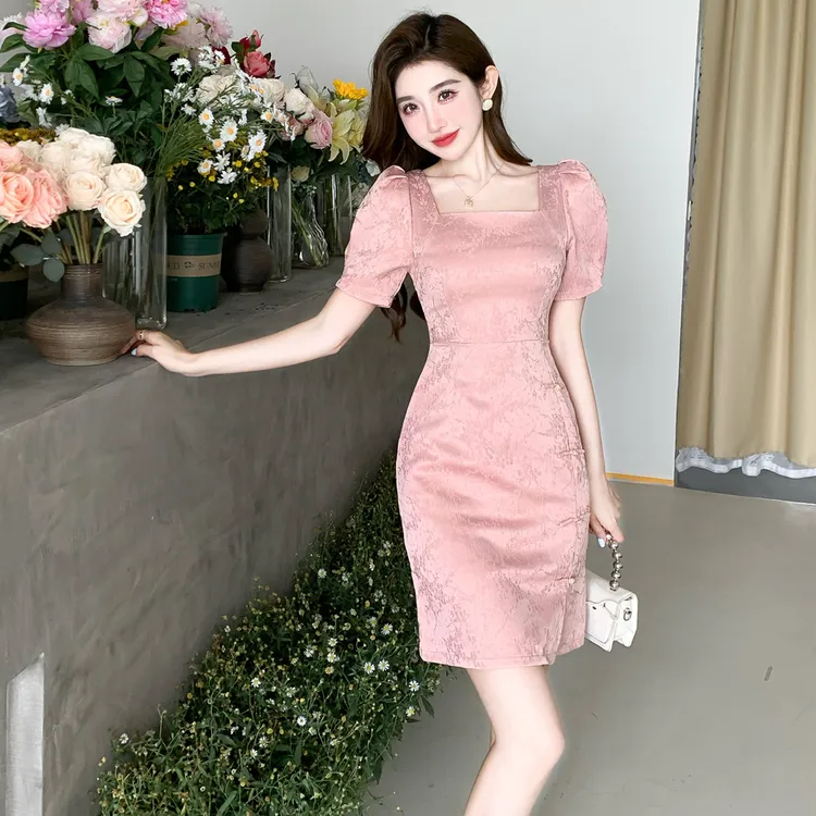 新中式夏季新款开叉方领复古收腰显瘦名媛气质包臀短款连衣裙