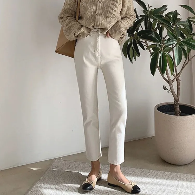 白色显瘦烟管牛仔裤女2025春秋韩版高腰弹力修身小个子九分直筒裤